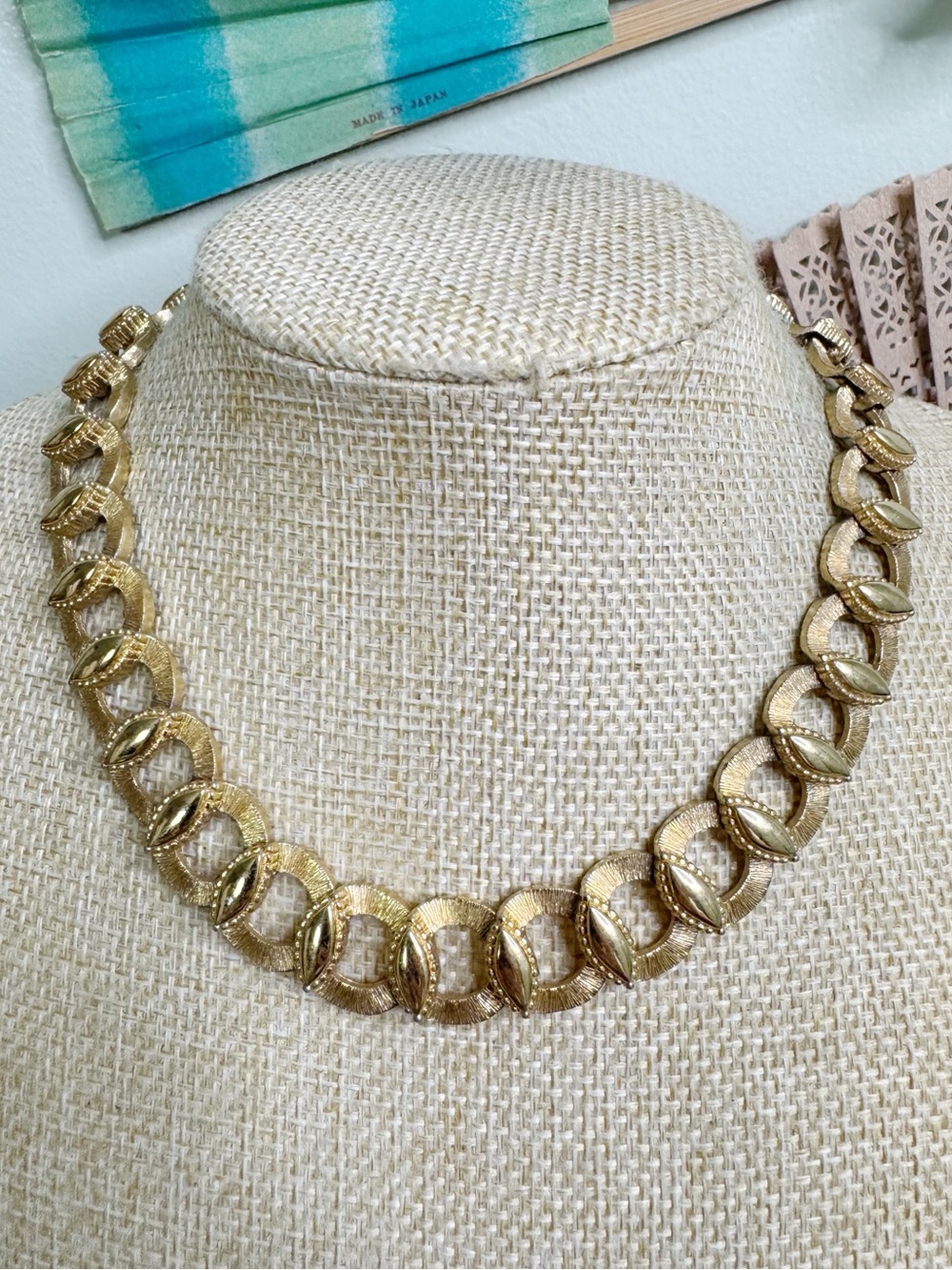 Vintage Monet Gold Plated Textured Circle Link Necklace